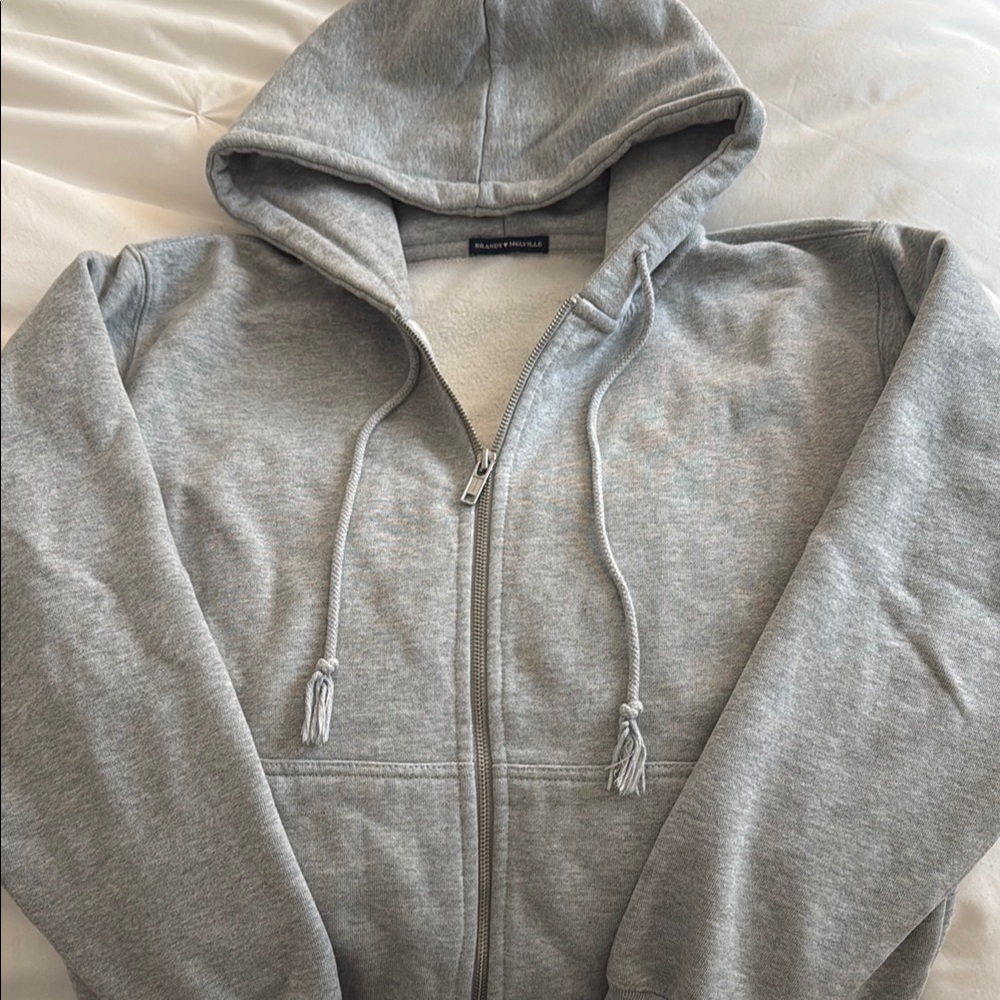 Light Heather Gray Zip-Up Sweater with Hood and Drawstrings